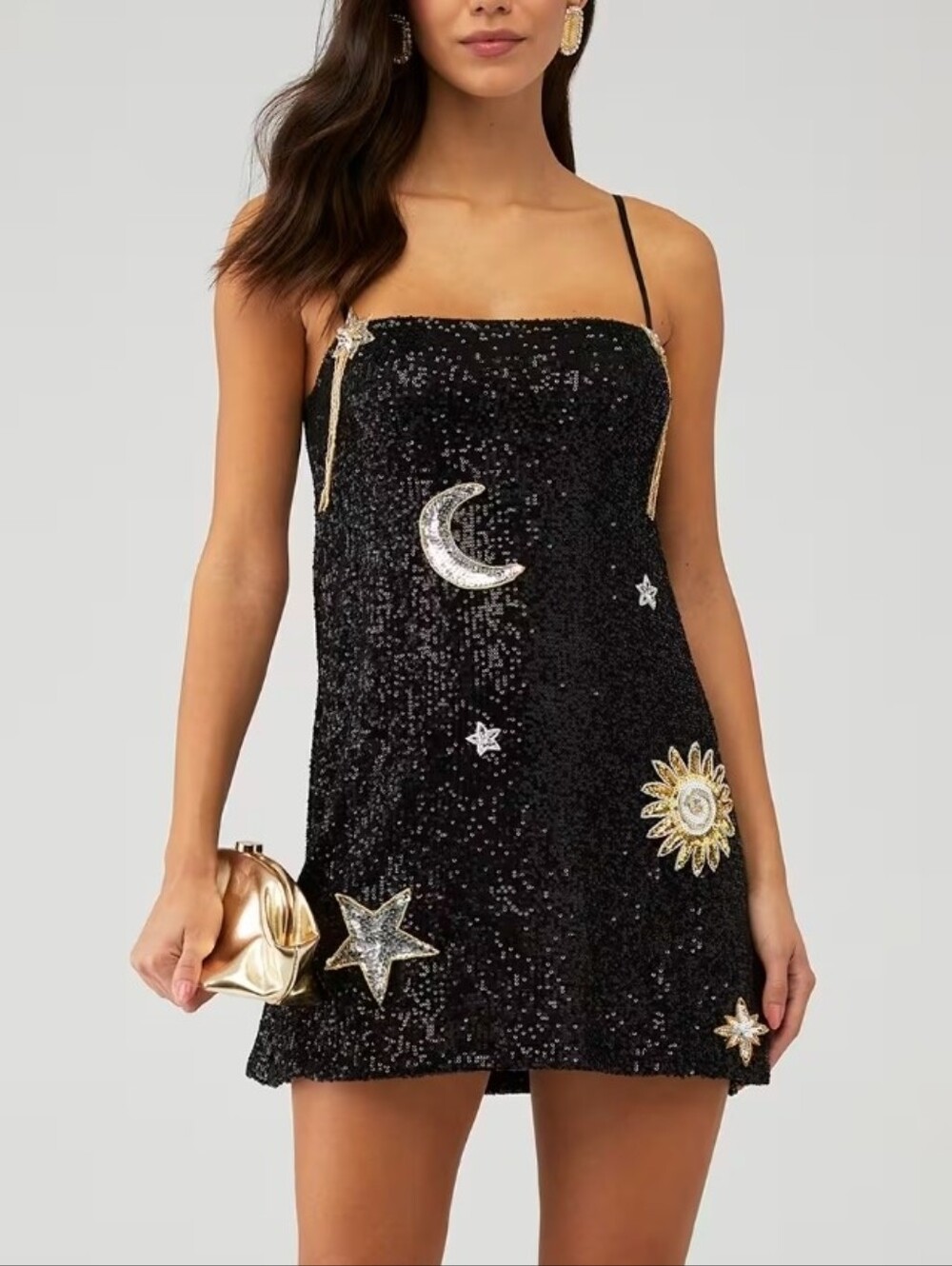 East N West Label Celestial Sequin Mini Dress Star Moon Beaded Black XS